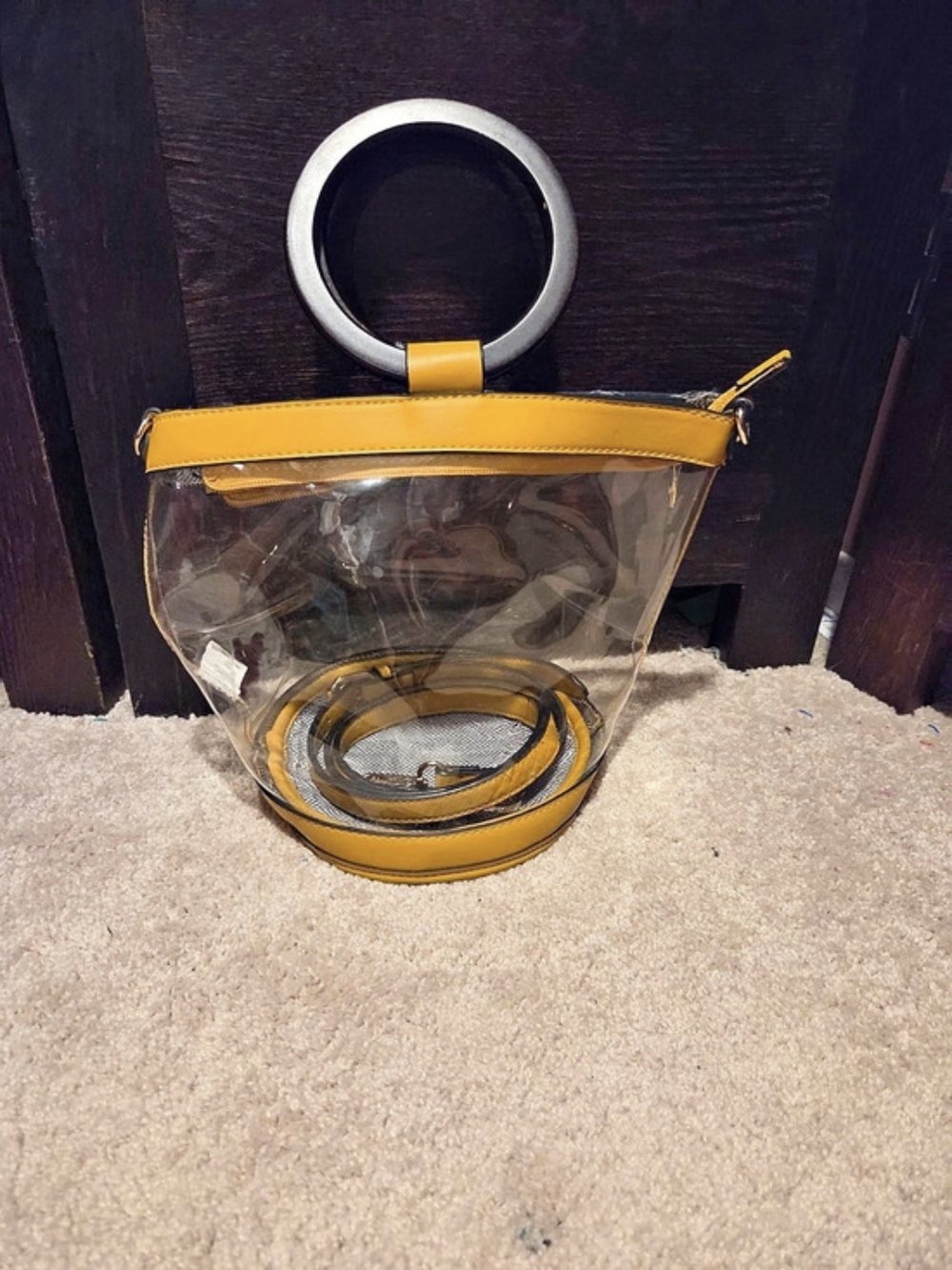 Clear Concert Yellow Crossbody Bucket Bag with Wood Handles